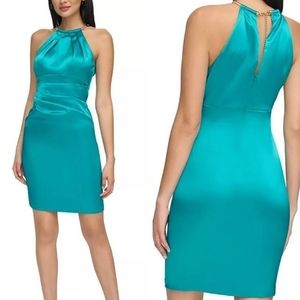 Eliza J Teal Satin Chain Neck Cocktail Dress